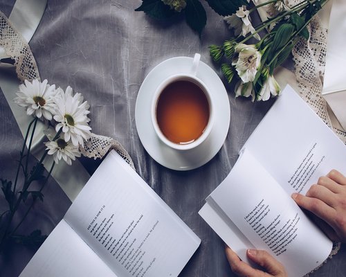 Open book resting on a cozy blanket with a cup of tea